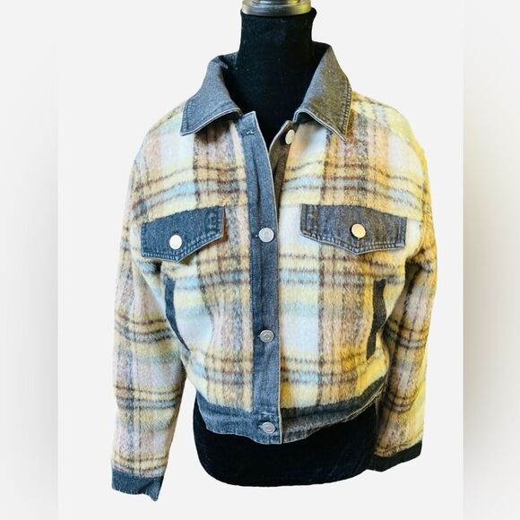 7 For All Mankind Women’s Plaid Cropped Jacket Size Small Denim Collar & Cuffs - Picture 5 of 7